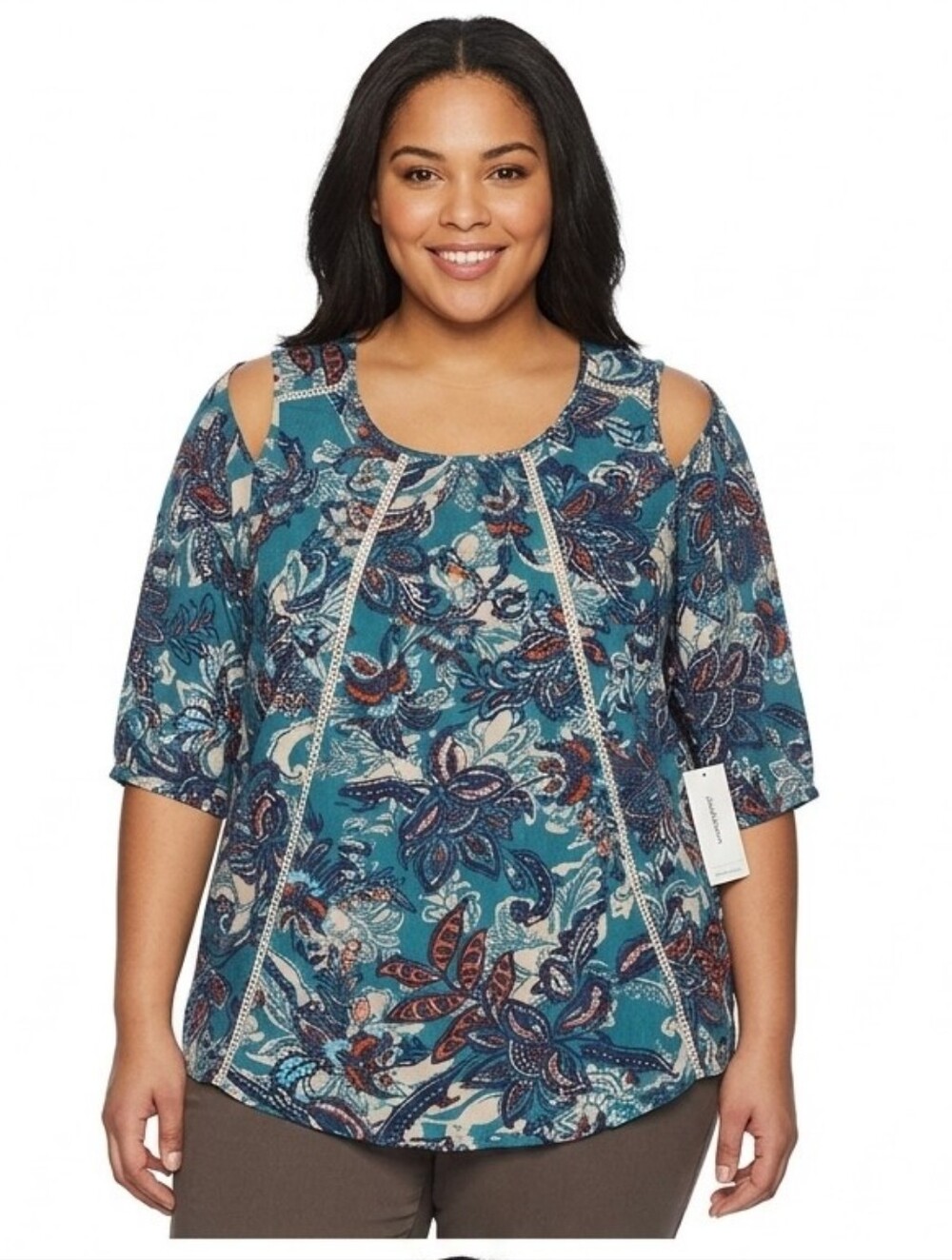 NWT JohnPaulRichard Teal Floral Cold Shoulder Top